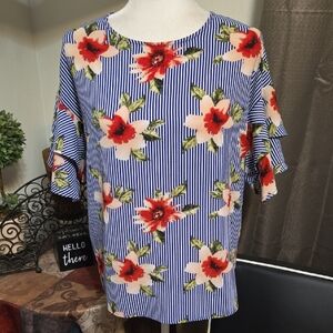 Monteau Blue Striped Floral Blouse
